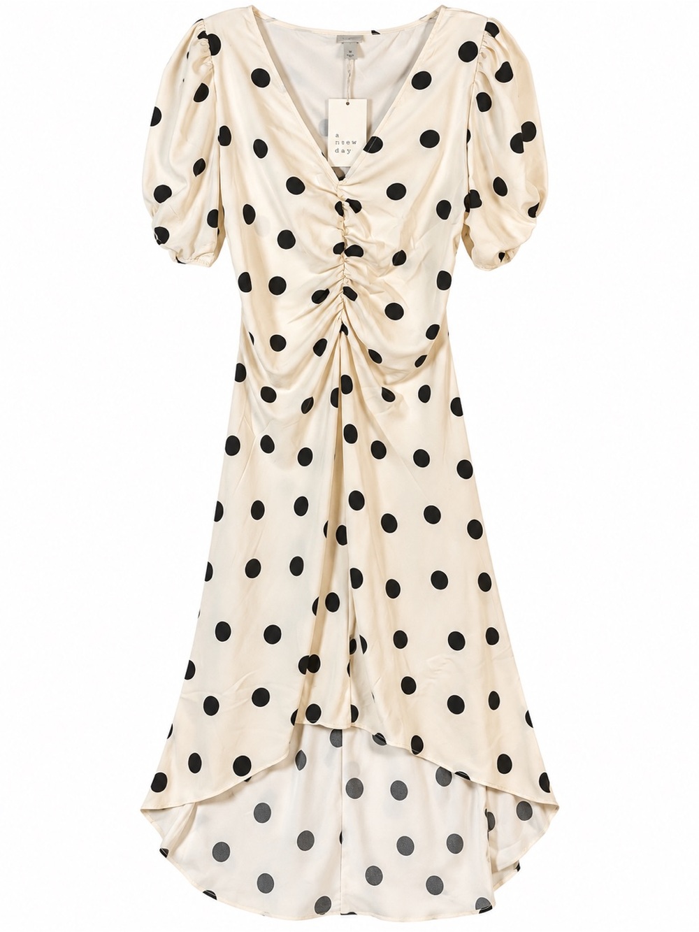 a new day Cream and Black Polka Dot High-Low Ruched Midi Dress